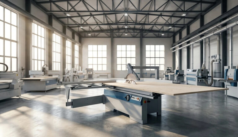 Scie à table coulissante industrielle de 3,2 m robuste effectuant la découpe de grands panneaux sur une feuille de contreplaqué pleine grandeur dans un cadre professionnel d'usine.