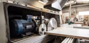 A photorealistic snapshot capturing a close-up internal view of an exposed heavy-duty industrial H45 dual-saw woodworking panel saw system actively cutting a thick Melamine-faced MDF sheet. The powerful 5.5kW main motor (labeled clearly with '5.5kW') dominates the foreground, driving the larger main circular blade. Directly preceding it, the smaller scoring blade is precisely cutting a shallow groove into the panel. Fresh MDF sawdust and chips are being actively ejected from both blades under focused factory lights, with stacked materials, other blurred machines, and worker figures in the background.