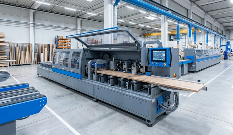 Une machine de baguage automatique de bord robuste fonctionnant dans une usine de meubles moderne, présentant une stabilité de production industrielle à grande vitesse.