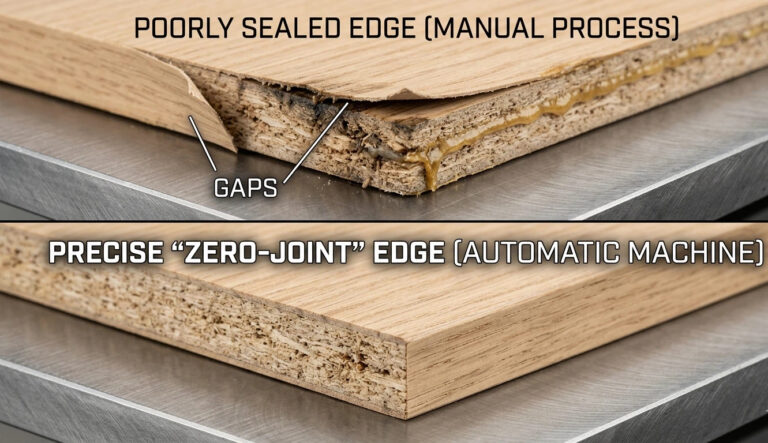 Comparaison technique des bords de meubles : Top montre un bord manuel mal scellé avec des espaces et des lignes de colle ; Le bas montre un bord précis à joint zéro créé par une machine de scellement automatique des bords.
