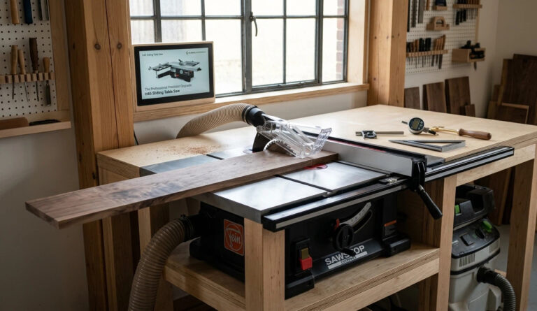 Une scie de table professionnelle installée dans un petit atelier de menuiserie, coupant du bois de noyer avec une clôture anti-déchirure de précision et un système de dépoussiérage.