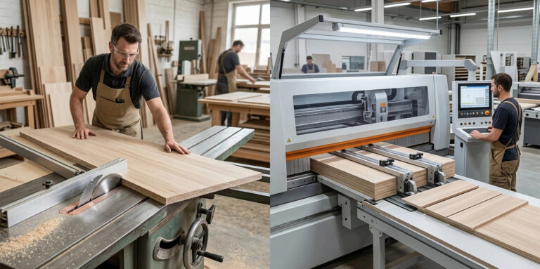 Comparaison côte à côte d'une scie à table coulissante manuelle traditionnelle et d'une scie à panneau CNC moderne pour démontrer le retour sur investissement et l'efficacité de la production.