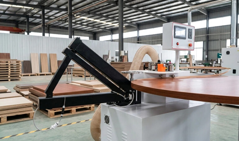 Machine de détourage de bandes de bord de type rocker D5 industrielle effectuant un détourage de haute précision sur un plateau de table en bois incurvé dans un atelier de meubles.