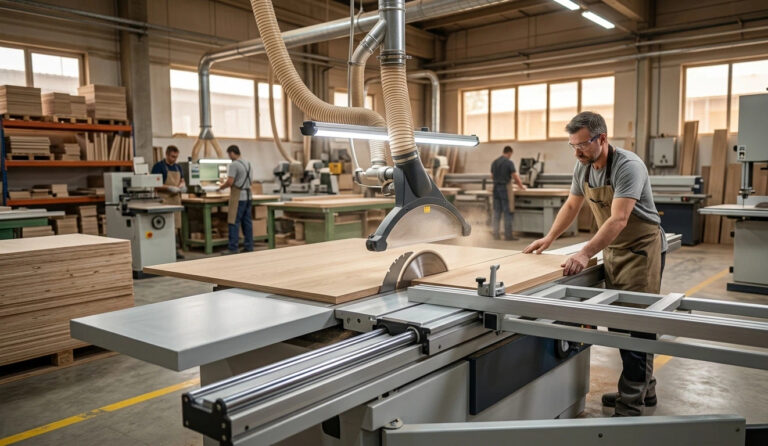 Une photographie hyper-réaliste d'une usine moderne produisant des scies à table coulissantes industrielles pour la fabrication de meubles Le modèle H45 est mis en évidence comme une unité complète sur le sol en béton, avec d'autres machines et travailleurs visibles dans le fond légèrement flou.