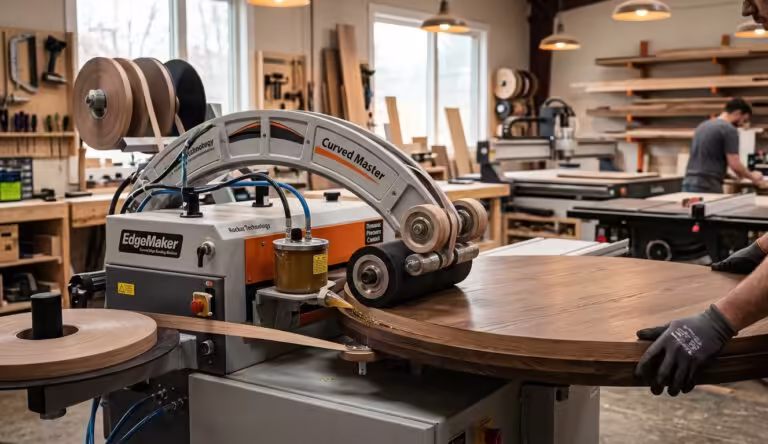 Une image de couverture professionnelle et photoréaliste d'une machine robotisée dynamique de bandes de bords de bascule effectuant une étanchéité de précision des bords incurvés sans contact sur un grand composant circulaire en bois, générant un panache de plasma focalisé et une onde de choc dans une installation de menuiserie de haute technologie, dépourvue de tout texte.