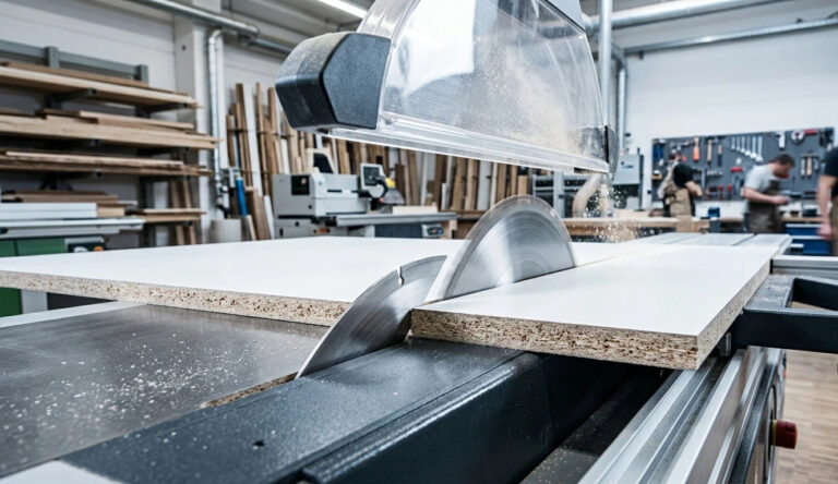 Gros plan d'une lame de scie inciseur et d'une lame principale coupant un panneau de mélamine sur une scie à table coulissante pour éviter l'écaillage des bords.