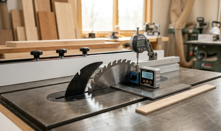 Un gros plan complet d'outils d'étalonnage de scie à table, comprenant un indicateur de cadran numérique, un carré machiniste, un rapporteur numérique et un ruban de test de méthode à 5 coupes sur une scie à table coulissante de précision dans un atelier de menuiserie.